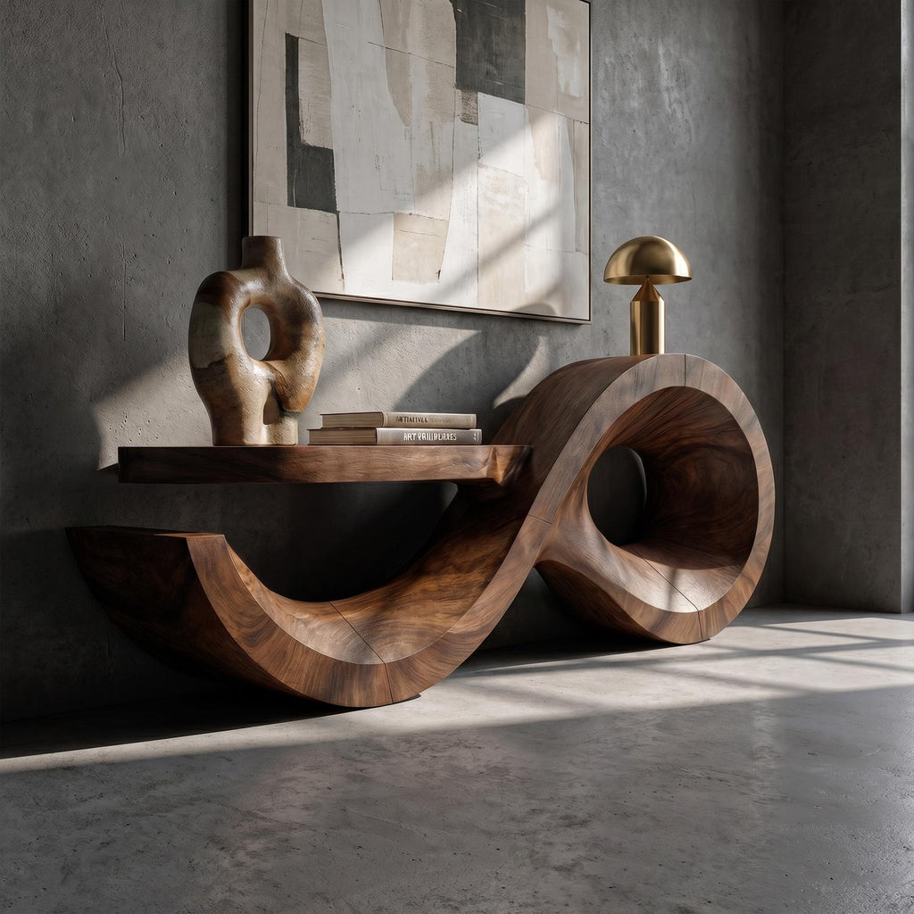 Contemporary Solid Wood Console Table with Sculptural Wave Base, Modern Entryway Sofa Table for Living Room