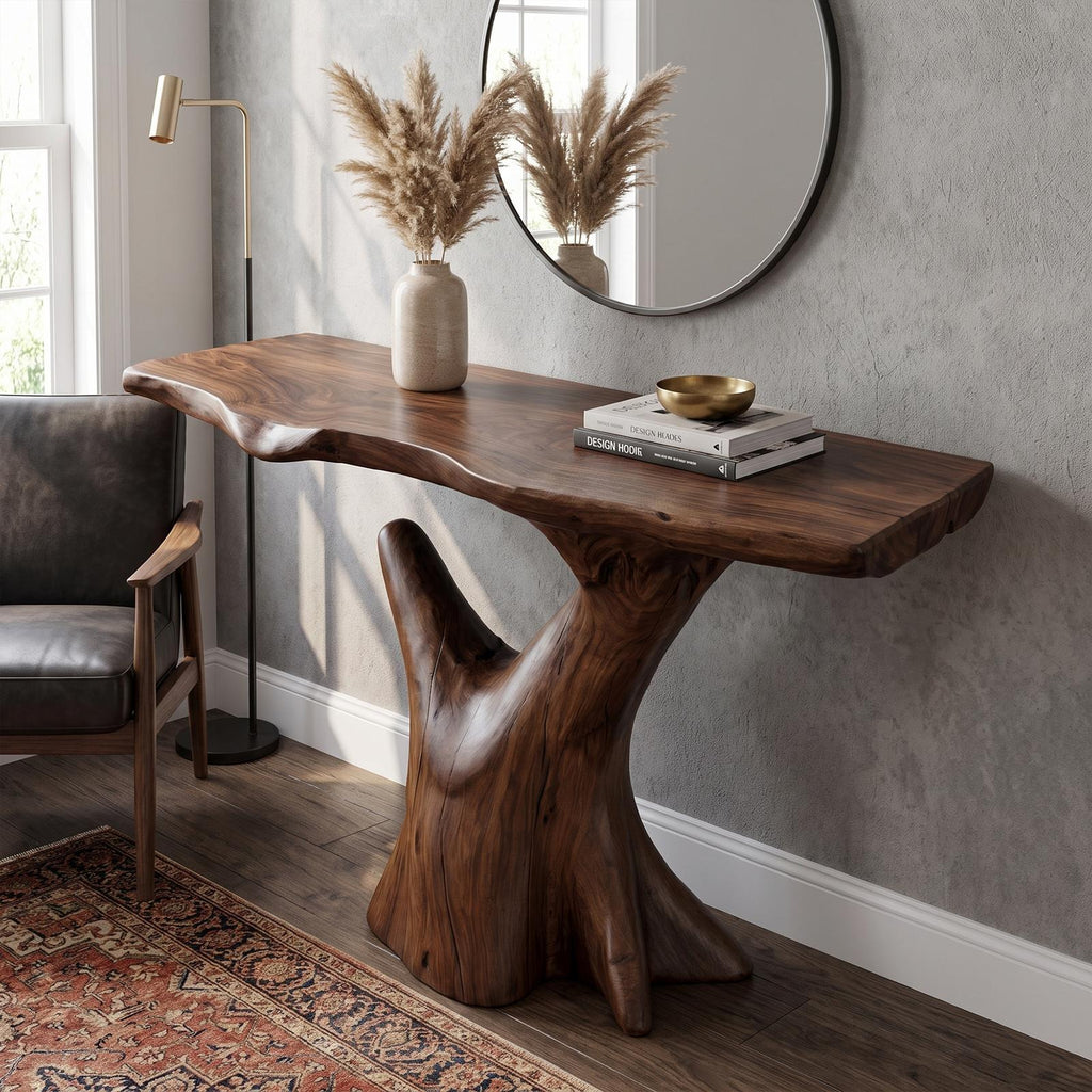 Rustic Sculptural Console Table, Natural Solid Wood Accent Sofa Table for Living Room & Foyer