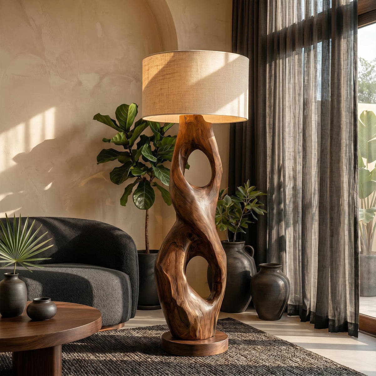 Rustic Floor Lamp with Handcrafted Hollow Wood Sculpture Base, Artistic Standing Light