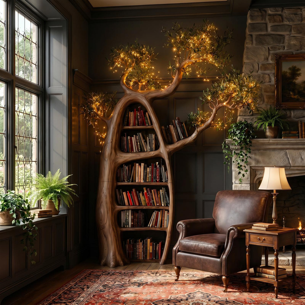 Artistic Tree Bookshelf with Illuminated Branch Crown, Handcrafted Wall Tree Shelf