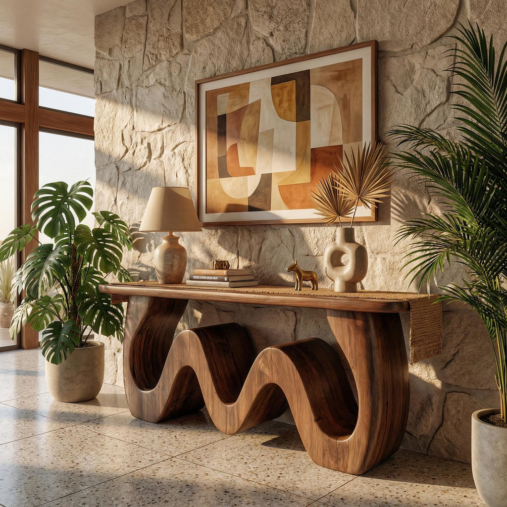 Organic Wave Console Table, Solid Wood Sculptural Curved Entryway Sofa Table for Living Room