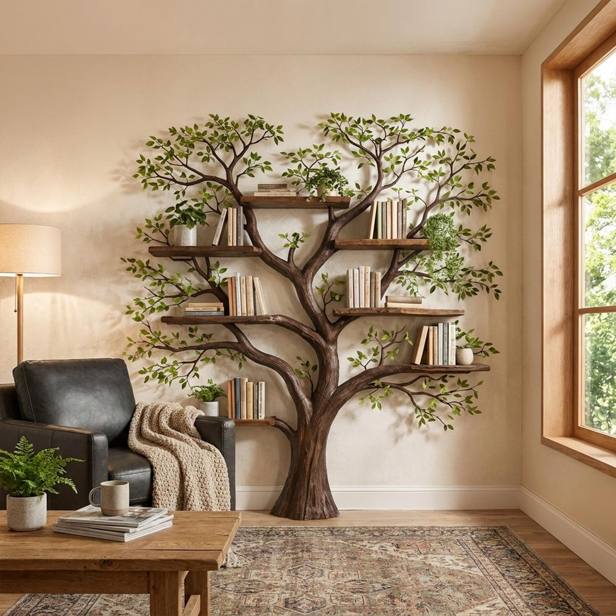 Handcrafted Wood Tree Storage Bookcase, Wall Mounted Floating Branch Display Shelf Statement Piece for Living Room