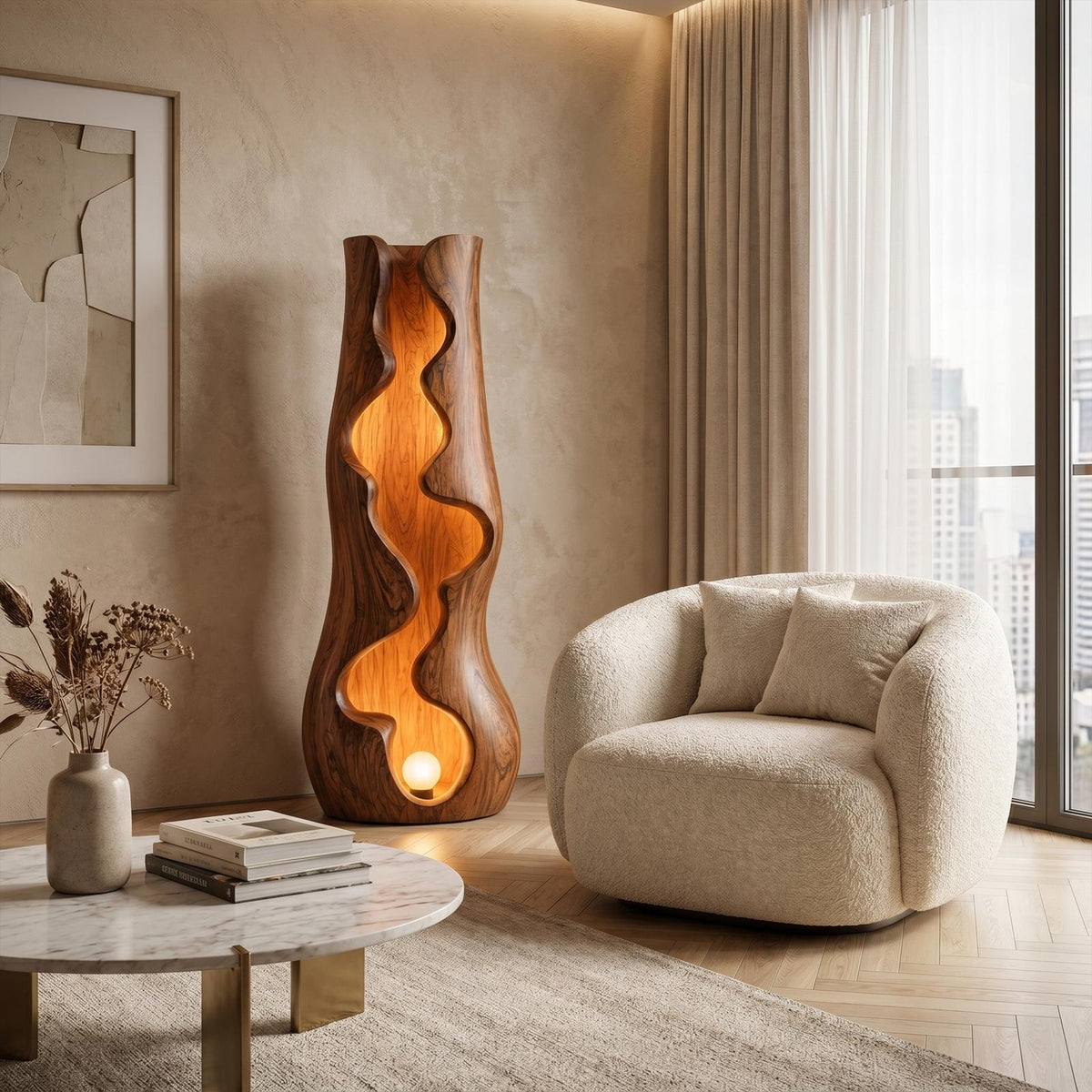 Organic Floor Lamp with Sculptural Wave Wood Design, Modern Standing Light for Living Room