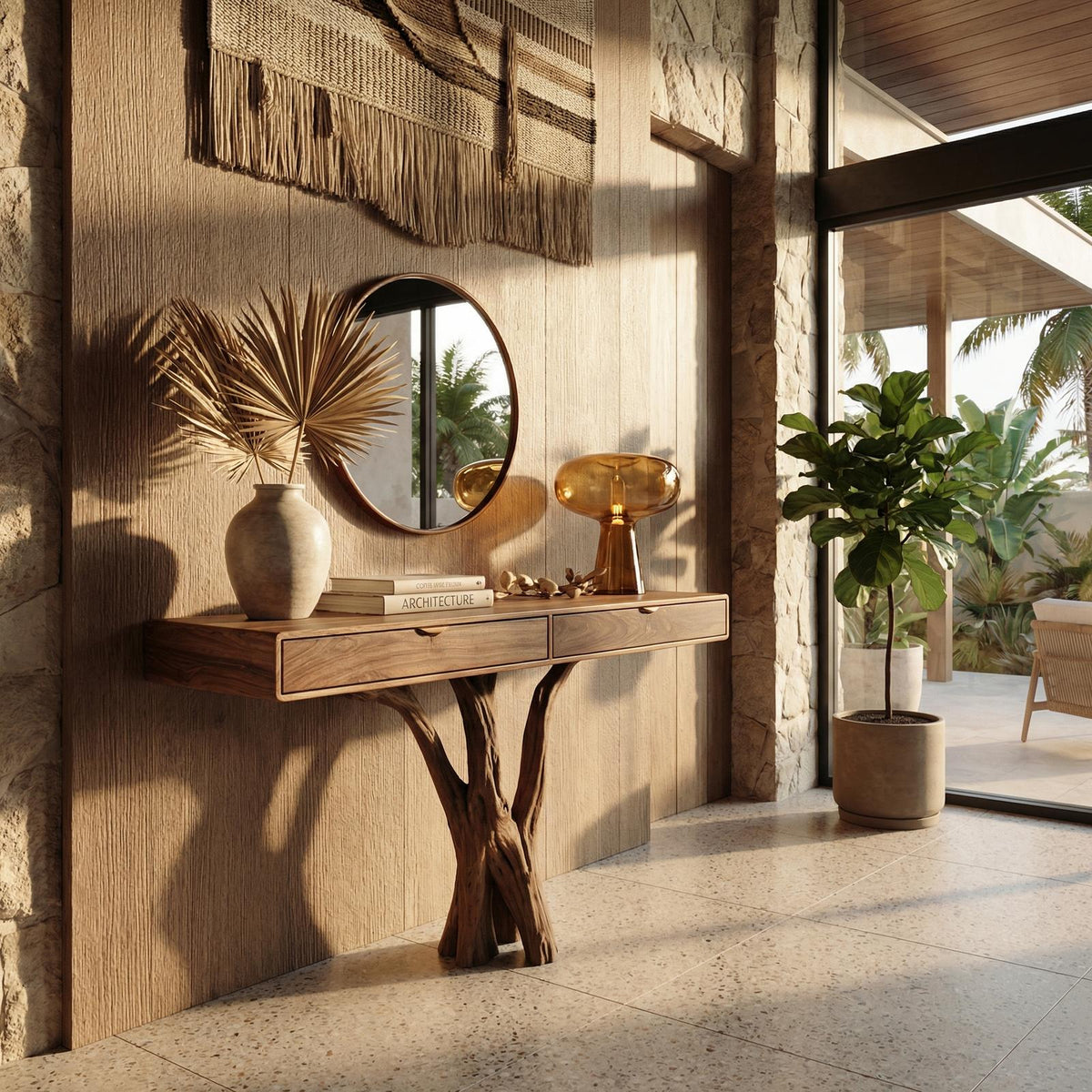 Sculptural Tree Console Table, Solid Wood Branch Pedestal Entryway Sofa Table for Living Room