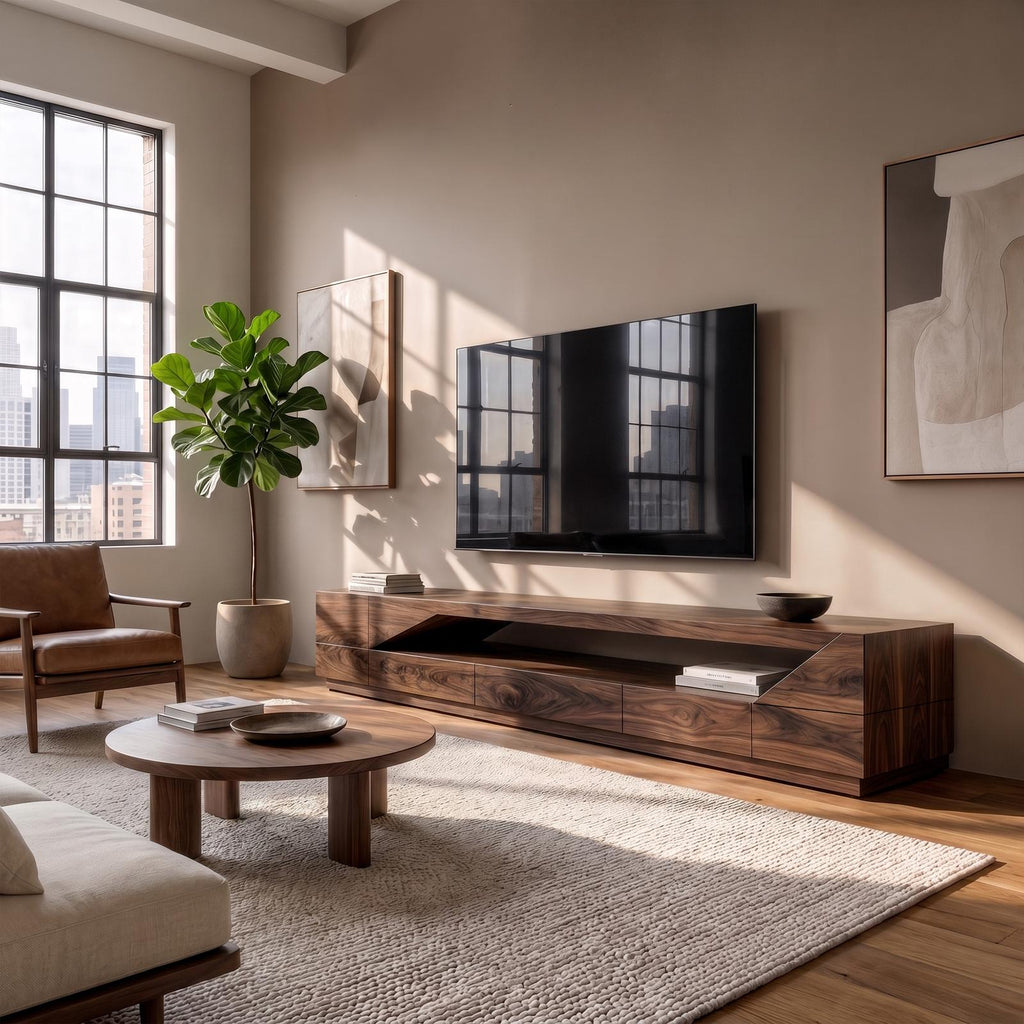 Minimal TV Console with Natural Wood Grain, Modern Wooden Media Cabinet Sideboard