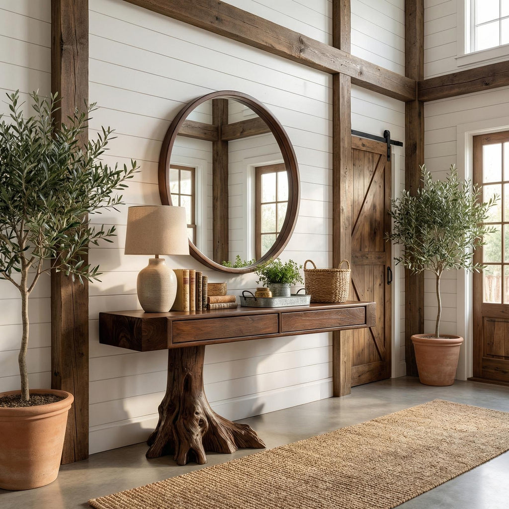 Rustic Tree Root Console Table, Solid Wood Natural Slab Entryway Sofa Table for Foyer & Hallway