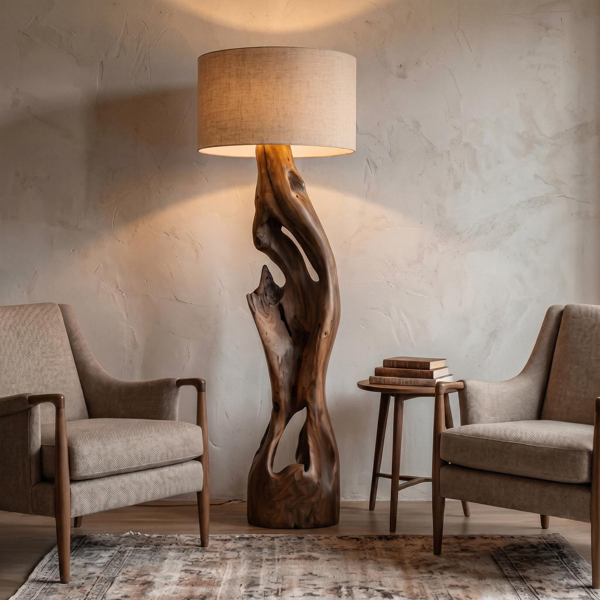 Sculptural Floor Lamp with Solid Wood Open Form Design, Modern Tall Standing Light