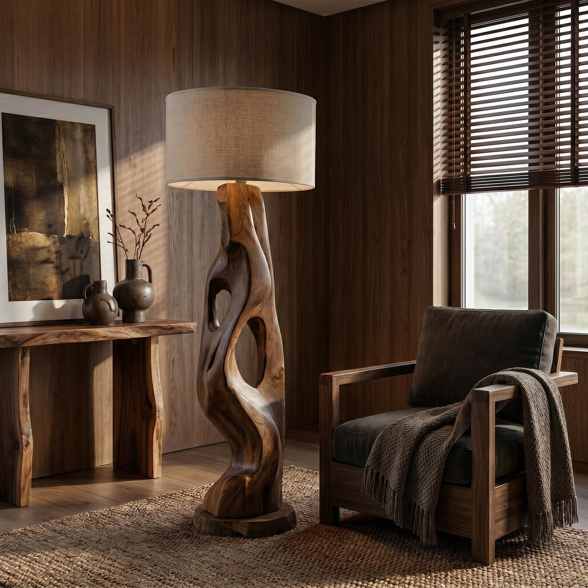 Organic Modern Standing Lamp with Artistic Solid Wood Base, Tall Floor Light for Living Room
