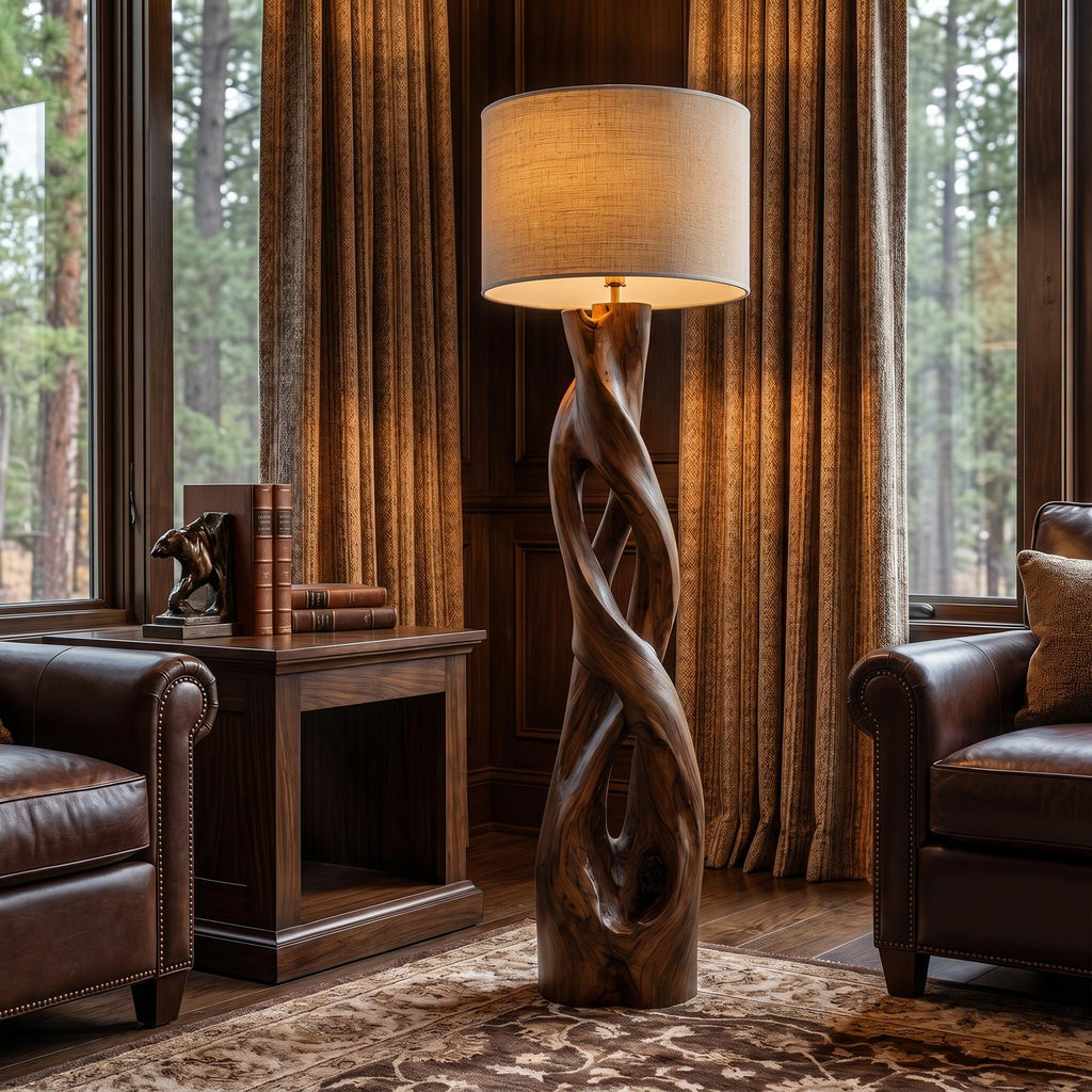 Nature-Inspired Floor Lamp with Sculptural Wood Form and Fabric Shade, Standing Tall Light
