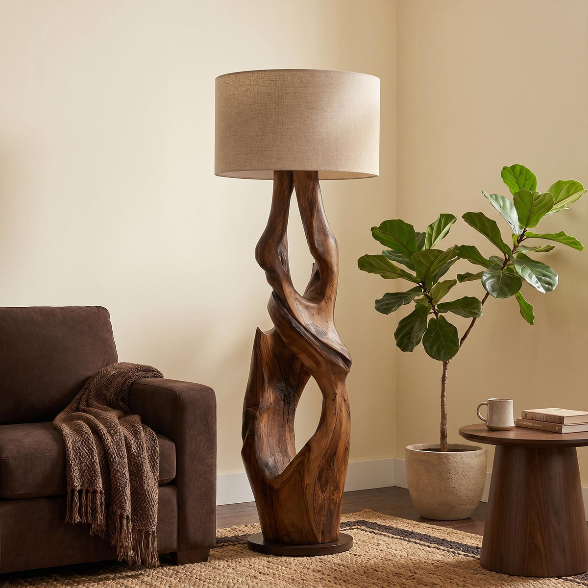 Contemporary Organic Floor Lamp with Artistic Hollow Wood Structure, Luxury Standing Light