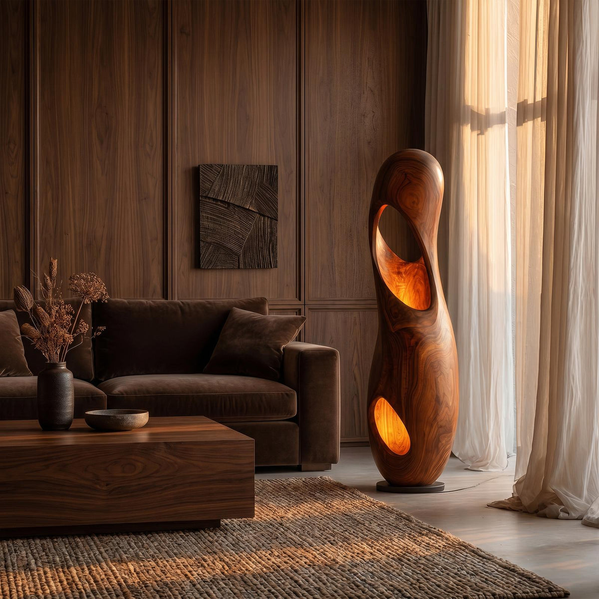Organic Floor Lamp with Sculptural Hollow Wood Tower Design, Modern Artistic Standing Light