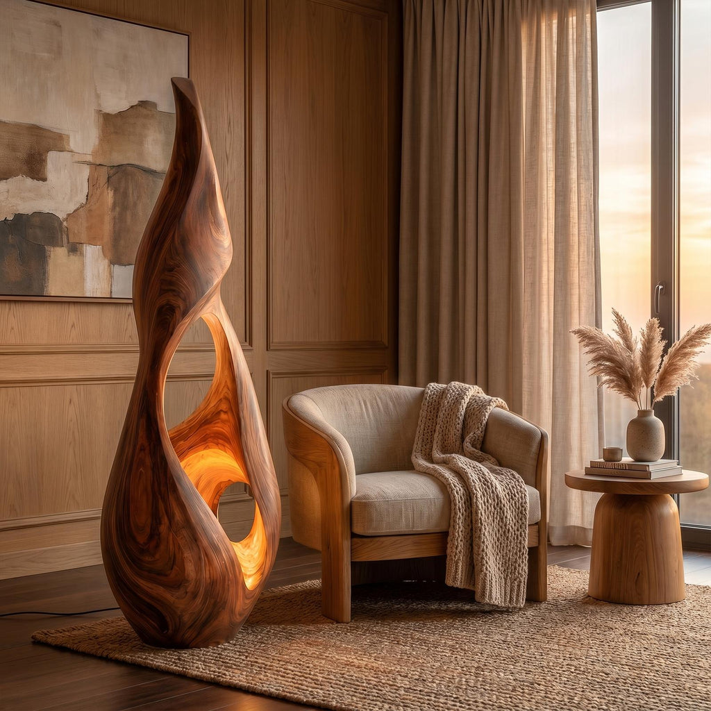 Nature-Inspired Floor Lamp with Sculptural Solid Wood Form, Artistic Standing Corner Light
