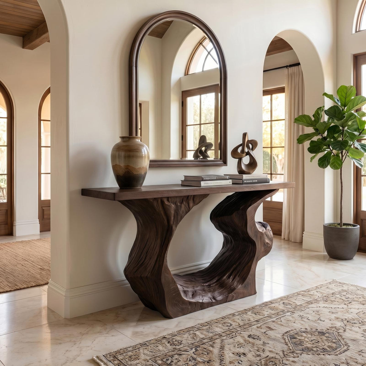 Sculptural Console Table, Modern Solid Wood Entryway Sofa Table & Accent Hallway Credenza