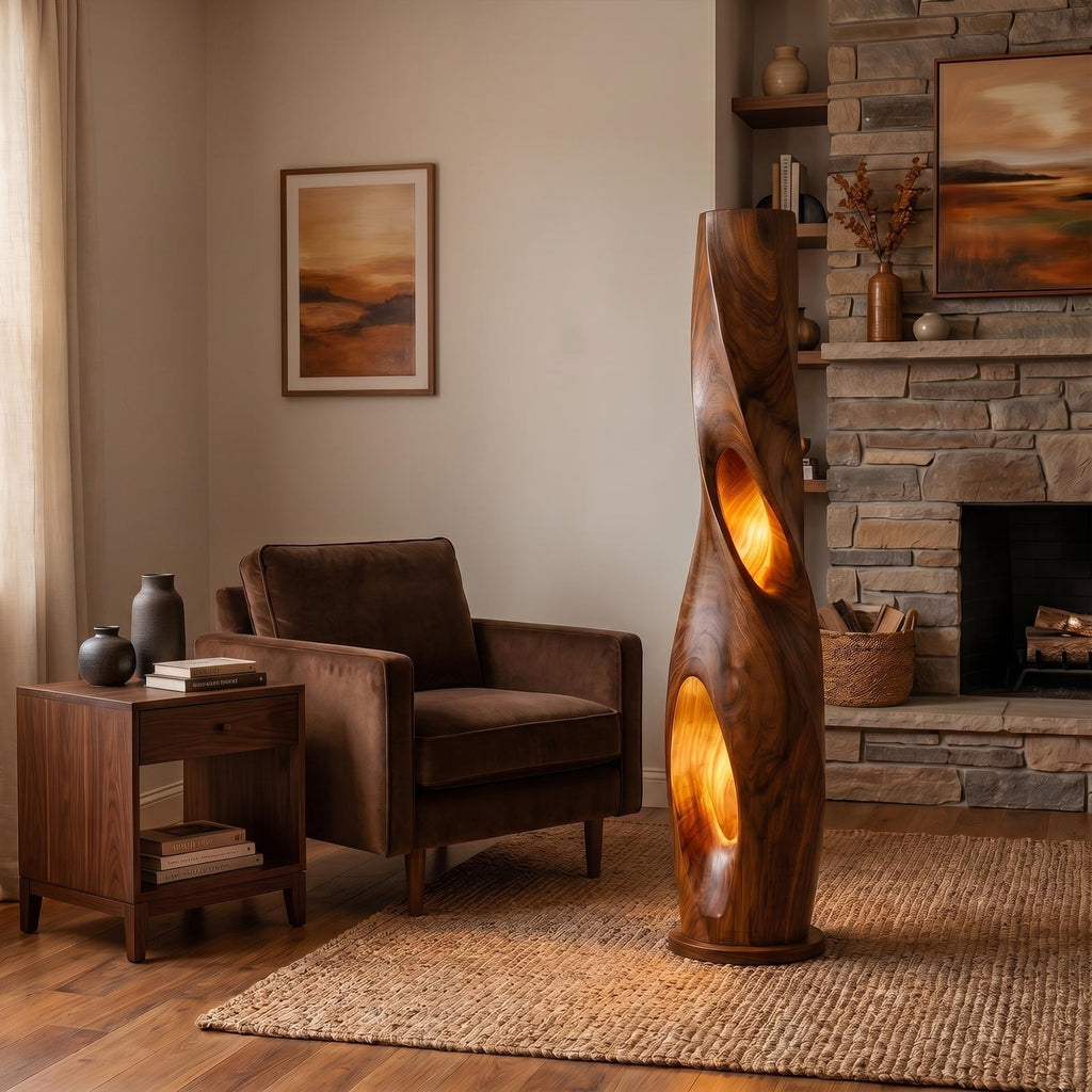 Modern Sculptural Floor Lamp with Hollow Solid Wood Design, Artistic Standing Light