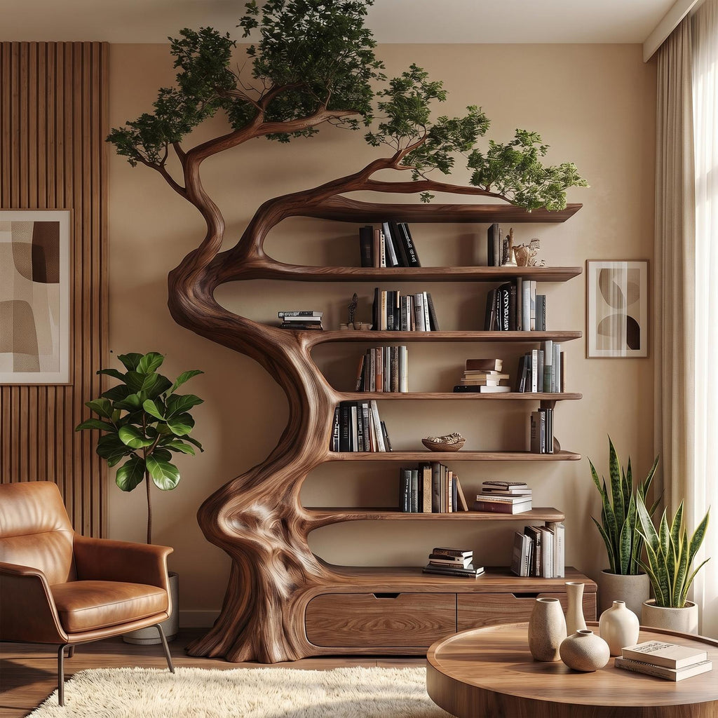 Rustic Tree Bookshelf with Storage Cabinet, Handcrafted Wood Branch Bookcase for Living Room