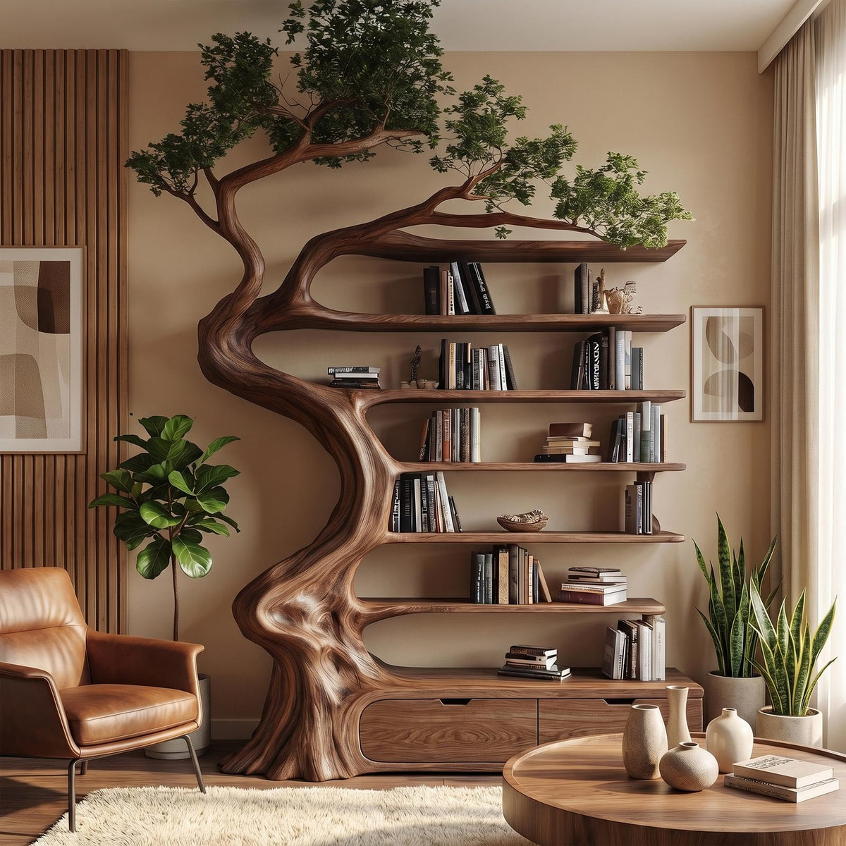 Rustic Tree Bookshelf with Storage Cabinet, Handcrafted Wood Branch Bookcase for Living Room
