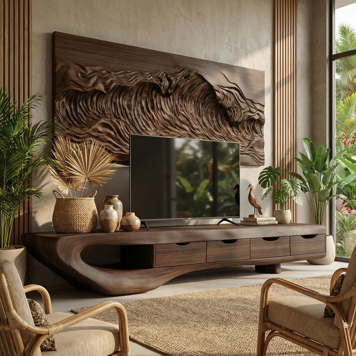 Mid-Century TV Cabinet, Solid Natural Wood Media Console Table, Modern Living Room TV Stand Unit