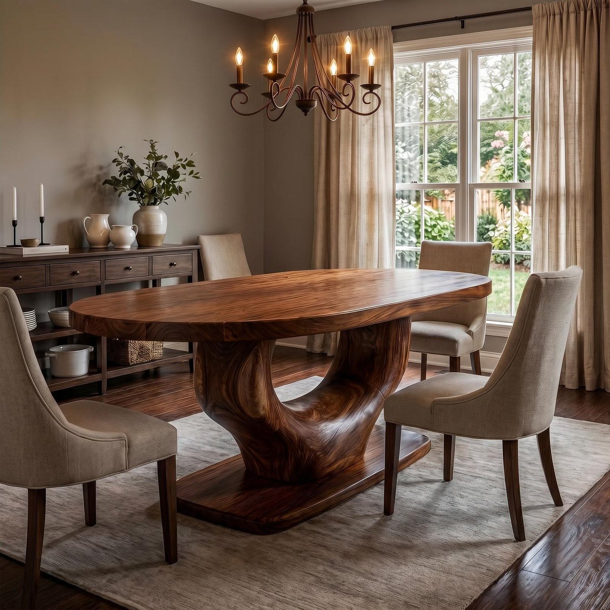 Spry Interior Rustic Curved Base Dining Table, Handcrafted Solid Wood Kitchen & Dining Room Wooden Trestle Table, SINLKIDT167