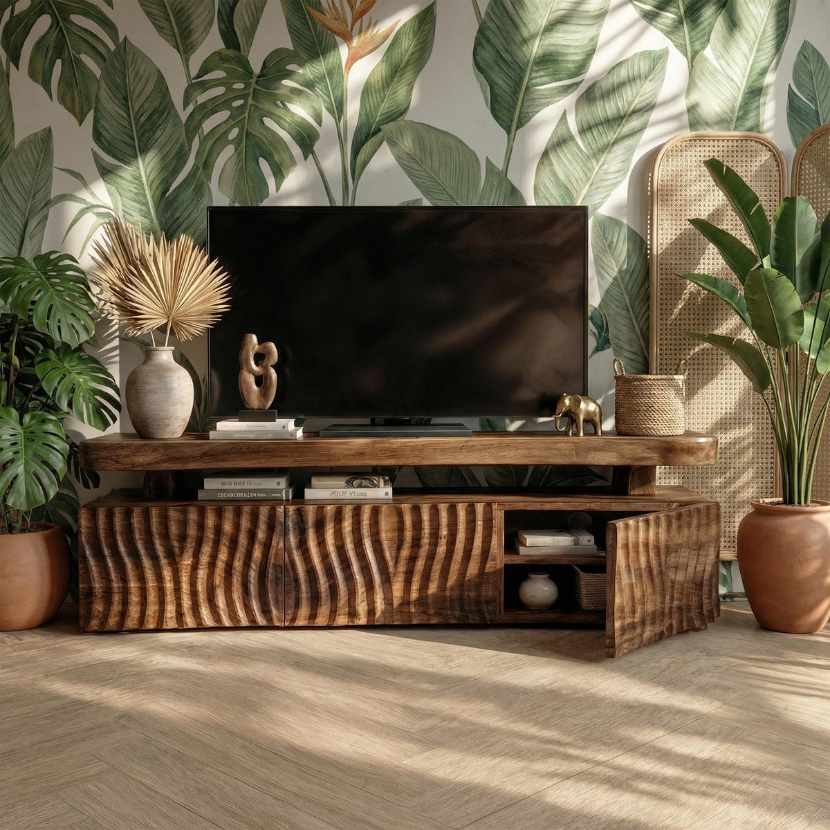 Modern TV Cabinet, Solid Wood Media Console with Unique Wave Pattern Storage for Living Room
