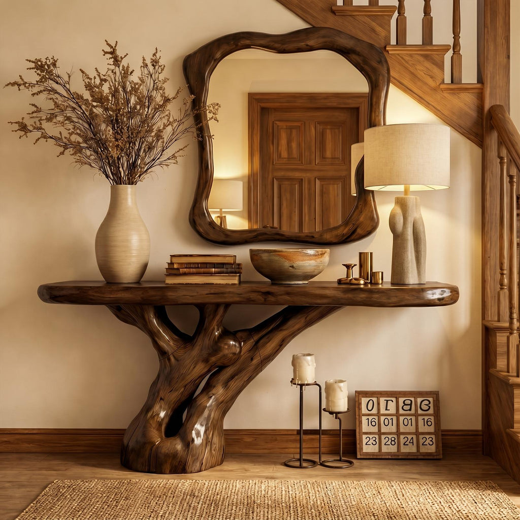 Spry Interior Rustic Tree Root Console Table, Natural Live Edge Solid Wood Entryway Table & Sofa Accent Credenza, SINLKICS570