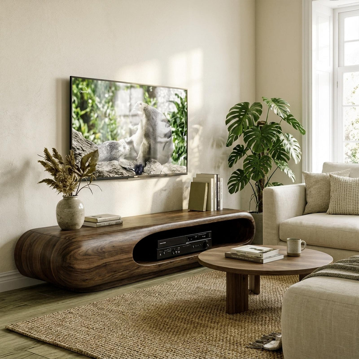 Sculptural Wood TV Stand Entertainment Unit Living Room