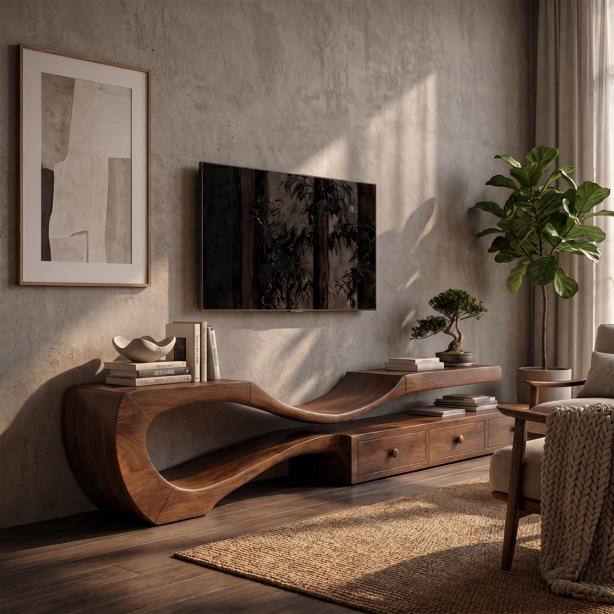 Modern TV Cabinet with Sculptural Curved Wood Base, Handcrafted Storage Drawers, Solid Wood Media Stand Credenza
