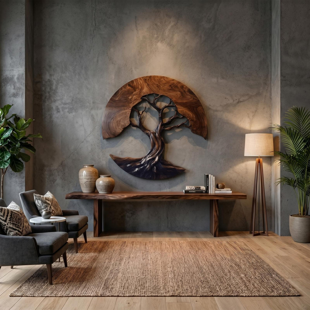 Contemporary Wooden Tree Wall Sculpture, Handcrafted Nature Hanging Art Decor for Living Room