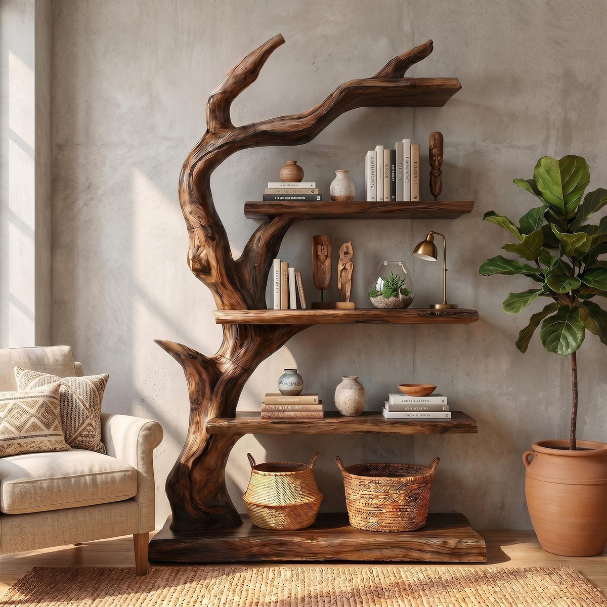 Rustic Tree Bookshelf With Handcrafted Branch Design And Open Display Shelves For Living Room