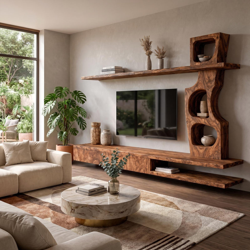 Sculptural Wood TV Cabinet with Tree Inspired Storage Shelves & Unique Media Credenza for Living Room