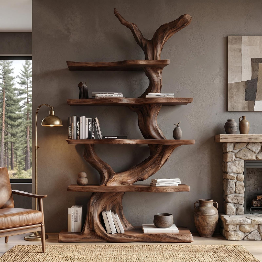Organic Tree Bookshelf, Sculptural Wooden Branch Design Multi-Tier Open Display Shelves for Modern Living Room
