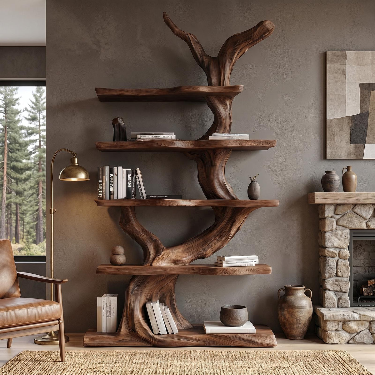 Organic Tree Bookshelf, Sculptural Wooden Branch Design Multi-Tier Open Display Shelves for Modern Living Room