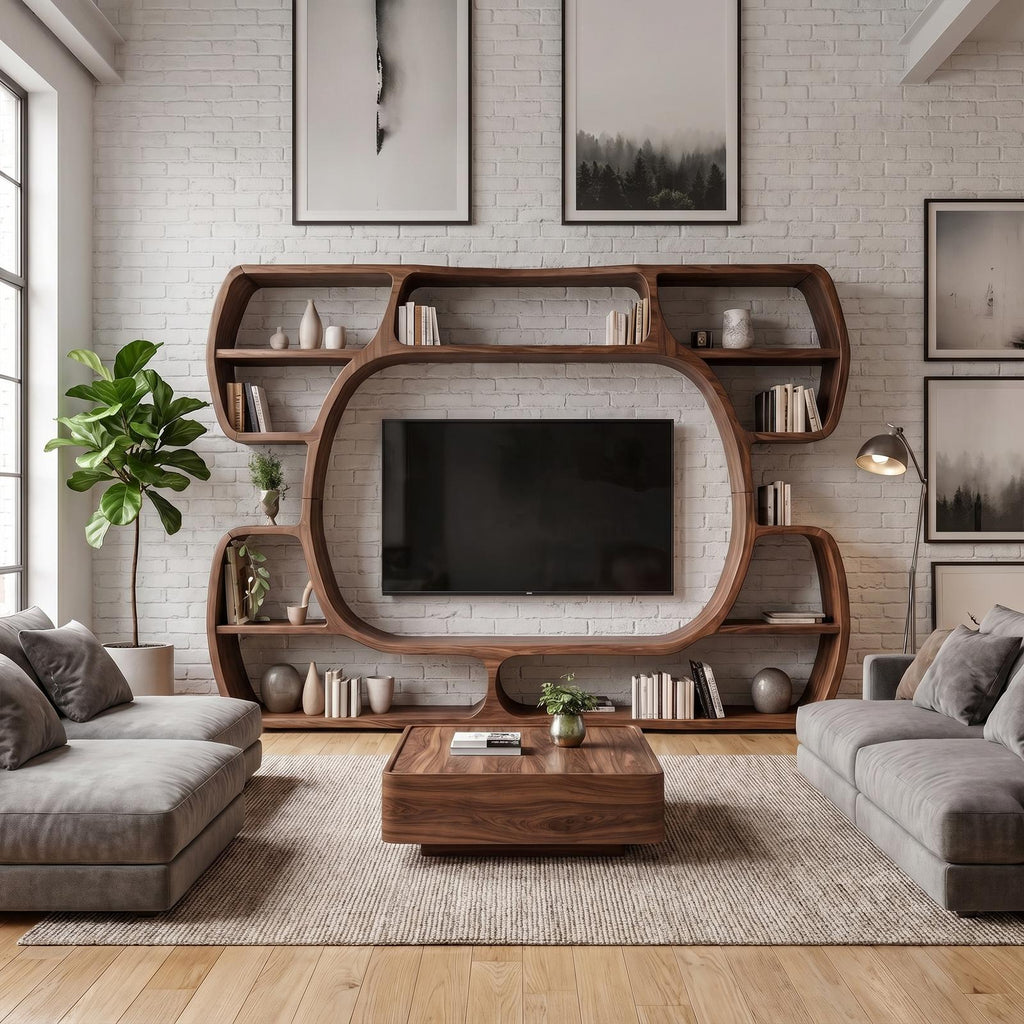 Organic Wood Entertainment Center with Sculptural Surround Shelves & Large TV Console for Living Room