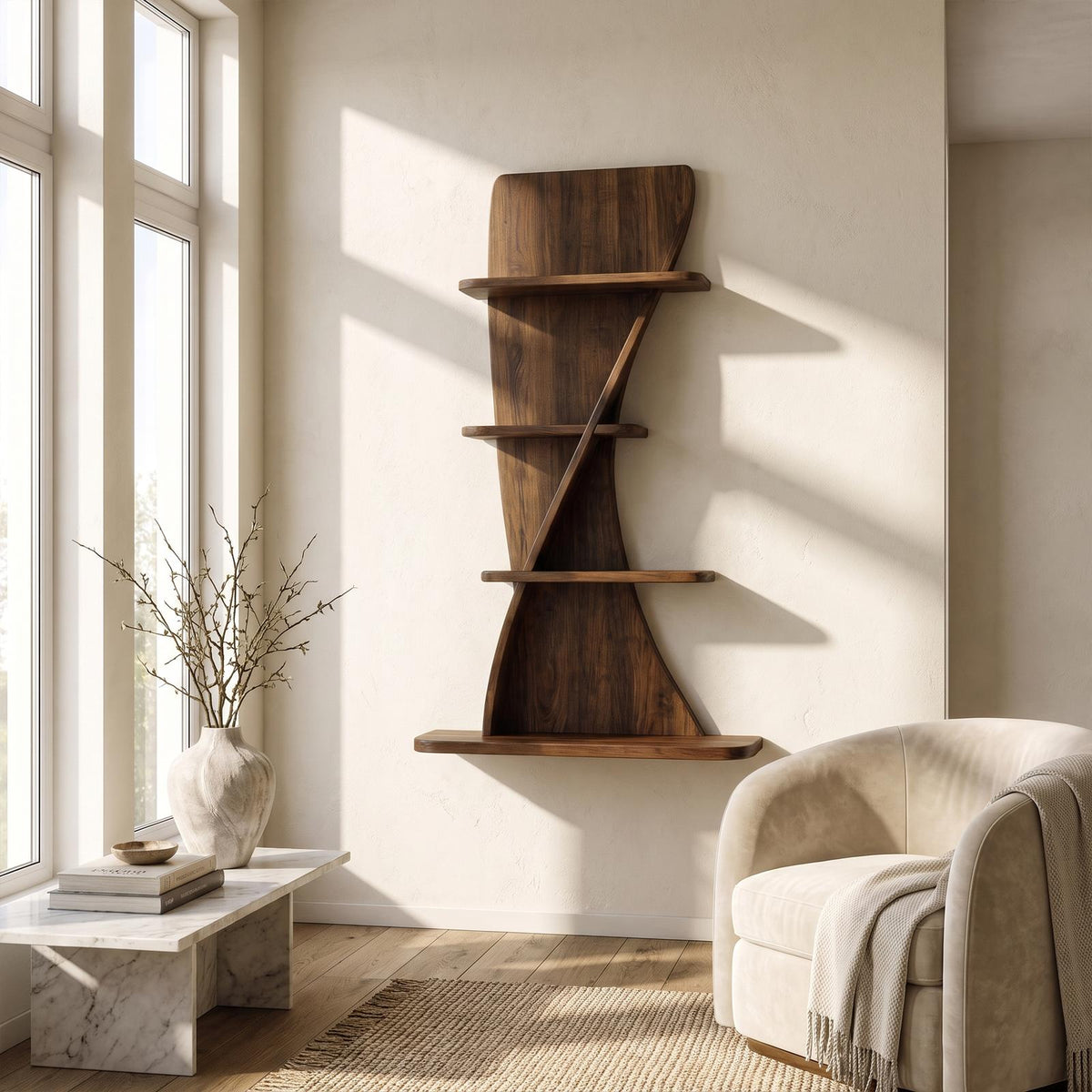 Sculptural Bookshelf Handcrafted Curved Wood Shelves For Home Office
