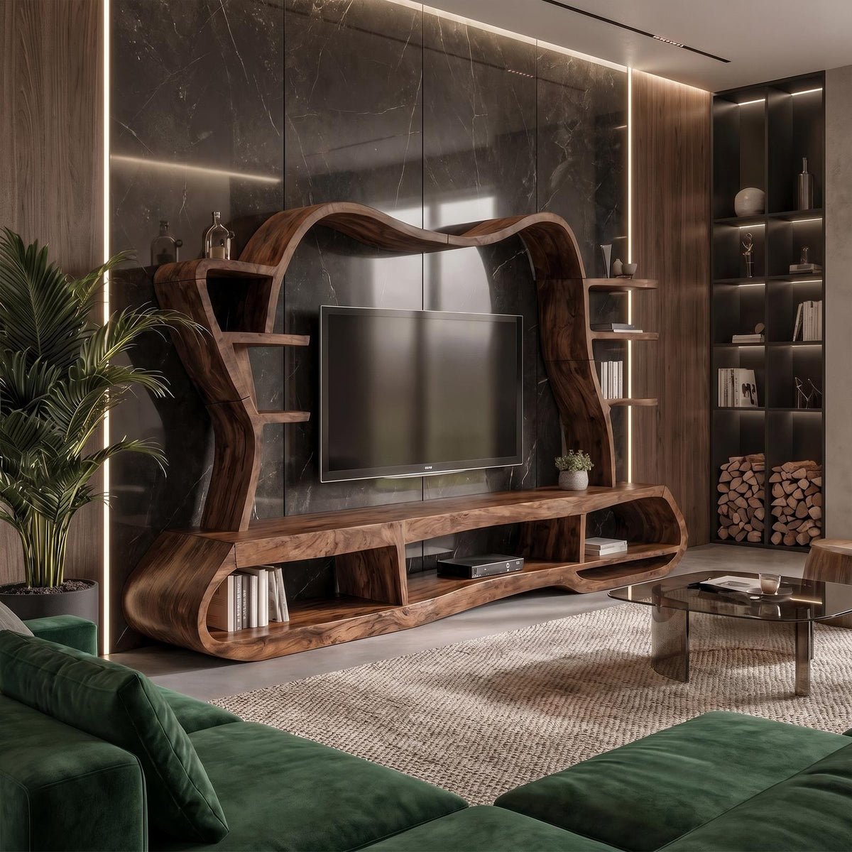 Modern Wood Entertainment Center with Sculptural Curved Shelving, Luxury Living Room TV Stand Console