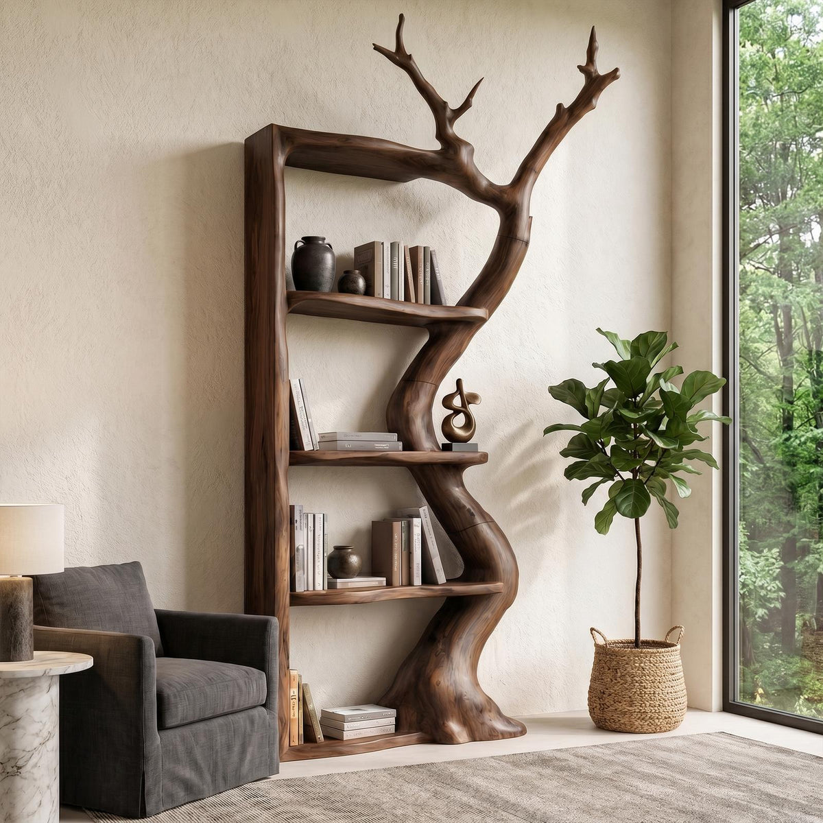 Sculptural Tree Bookshelf, Artistic Flowing Branch Shaped Solid Wood Open Display Shelves for Living Room Office