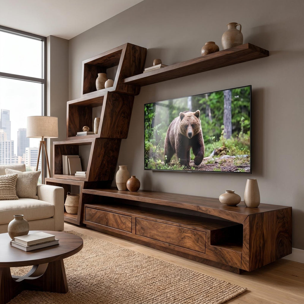 Organic Wood TV Cabinet with Artistic Open Shelving System & Modern Media Console Table for Living Room