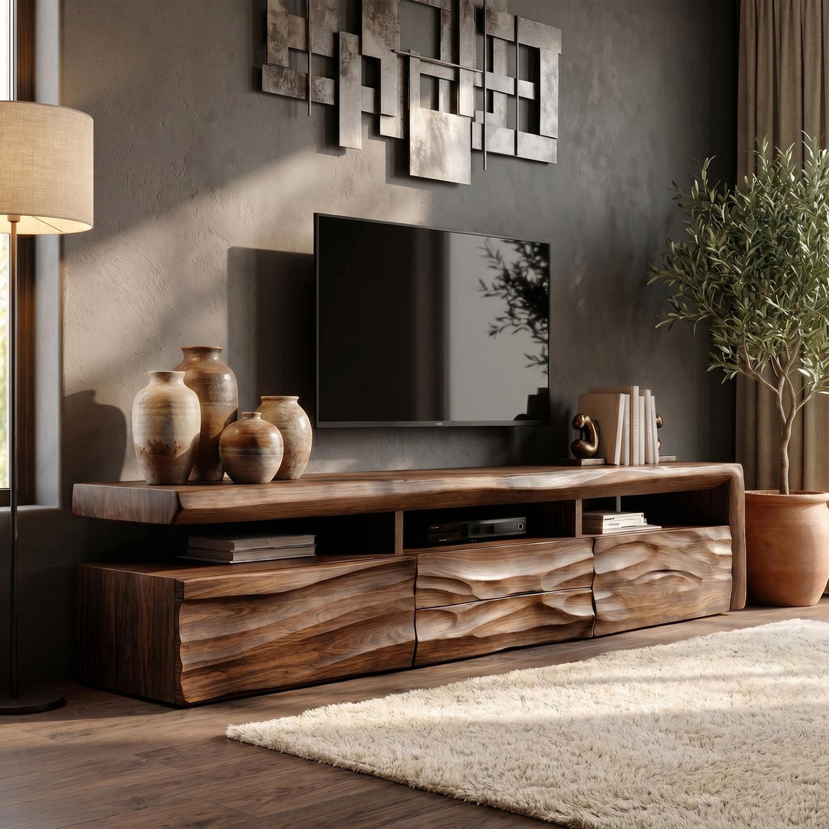 Organic TV Cabinet, Hand-Carved Textured Front Solid Wood Media Storage Console with Open Shelves for Living Room