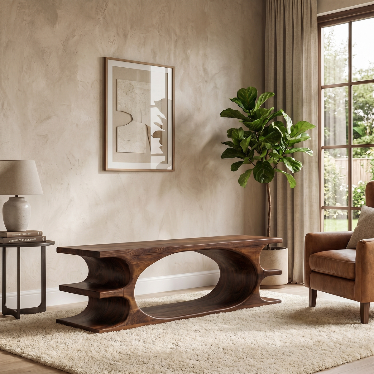 Organic Sculptural Wooden Bench with Flowing Curved Base, Solid Wood Hallway Seating & Living Room Accent Bench