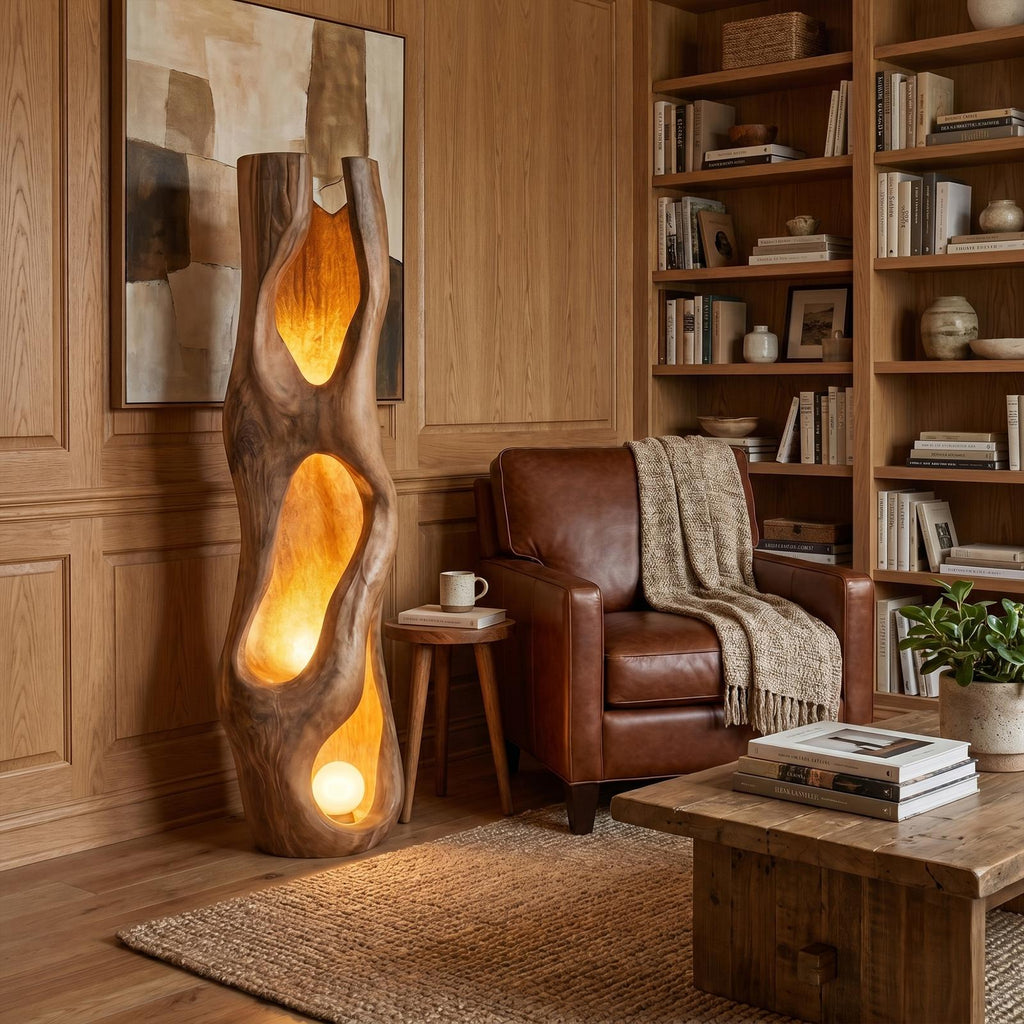 Nature Inspired Floor Lamp, Carved Driftwood Sculpture Tall Standing Light for Living Room