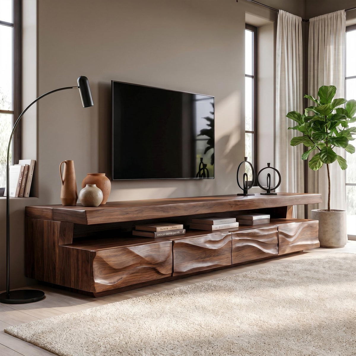 Modern Solid Wood TV Stand, Hand-Carved Textured Front Console Media Storage Cabinet for Living Room