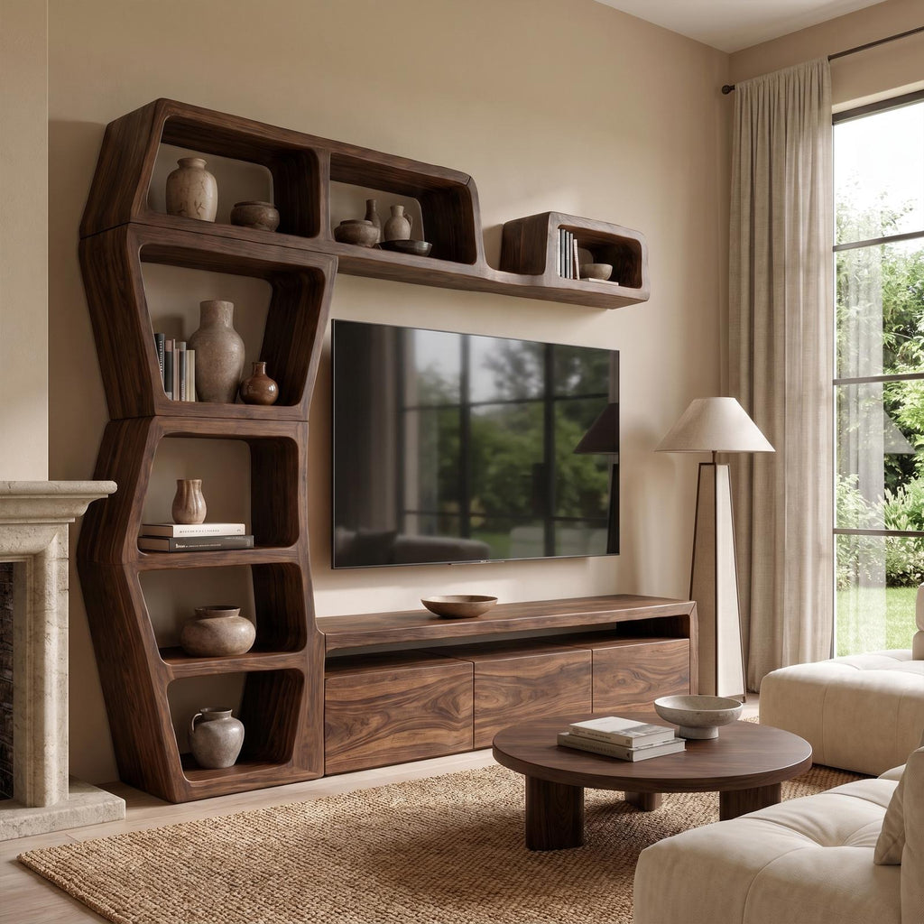 Contemporary Wooden Entertainment Center with Integrated Display Shelves & TV Console Table for Living Room