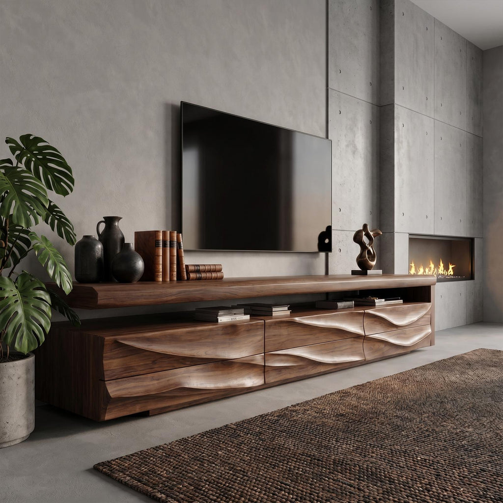 Organic Modern TV Cabinet Console, Handcrafted Curved Solid Wood Media Storage Credenza for Luxury Living Room