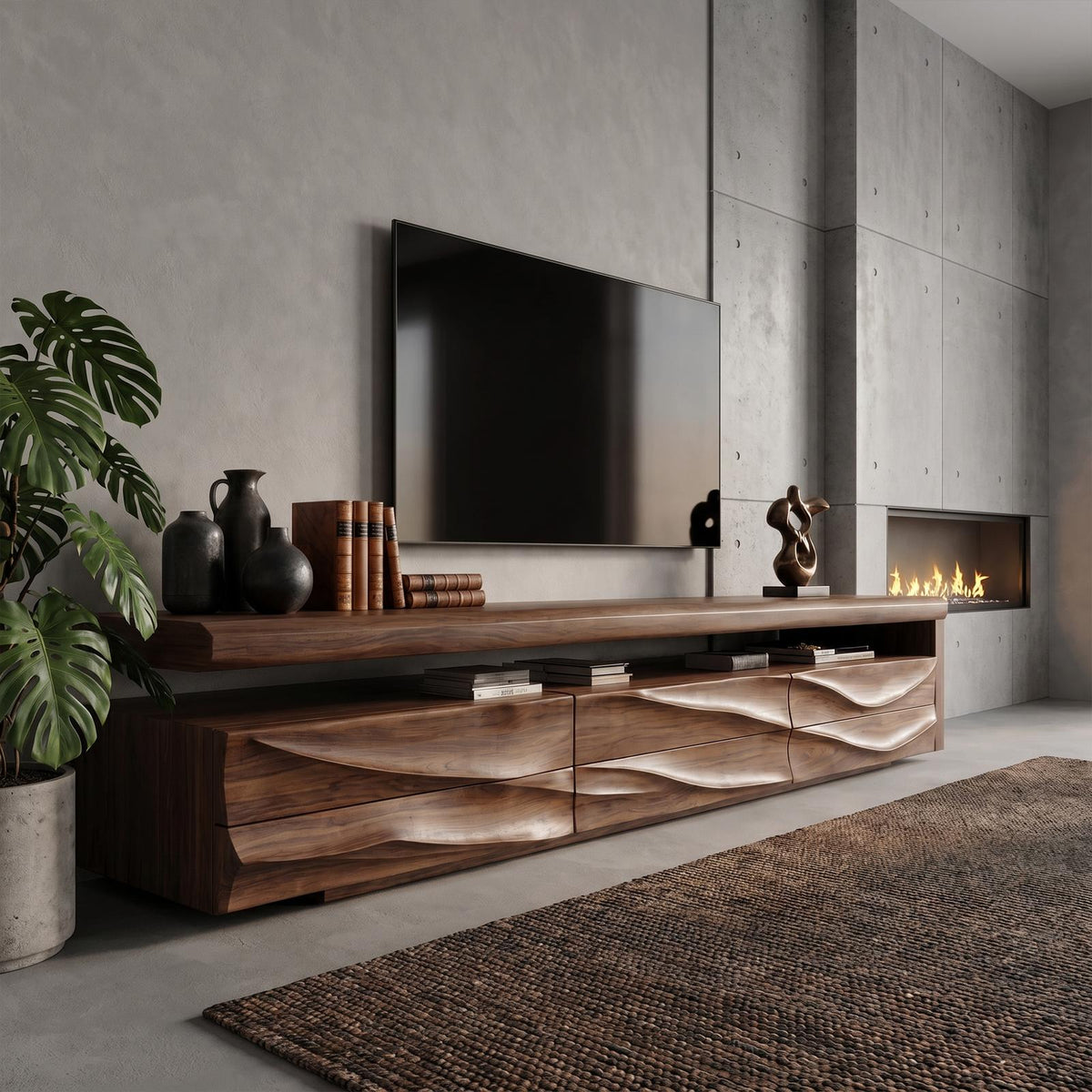 Organic Modern TV Cabinet Console, Handcrafted Curved Solid Wood Media Storage Credenza for Luxury Living Room