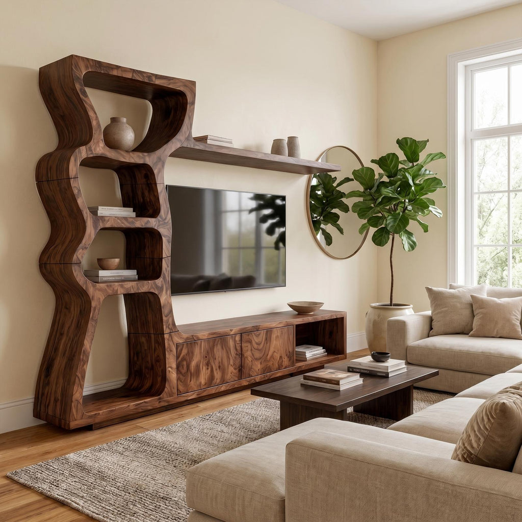 Modern Wood TV Cabinet with Curved Built-In Display Shelves & Entertainment Center Console for Living Room