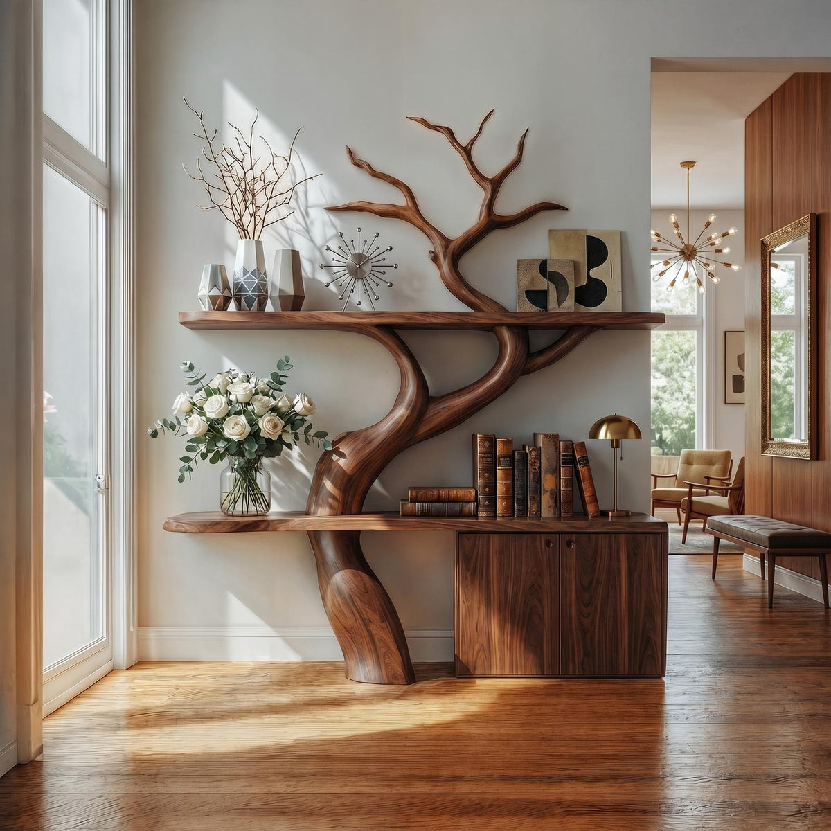 Rustic Tree Branch Bookshelf with Storage Cabinet, Solid Wood Decorative Bookcase, Bedroom Display Shelf