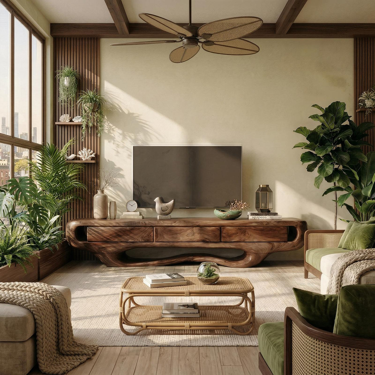 Rustic TV Cabinet, Solid Wood Low Profile Media Console, Entertainment Center TV Stand for Living Room