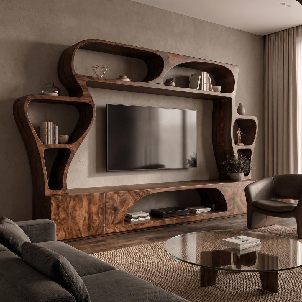 Solid Wood Statement TV Console, Handcrafted Living Room Entertainment Center with Sculptural Wall Shelves, Model