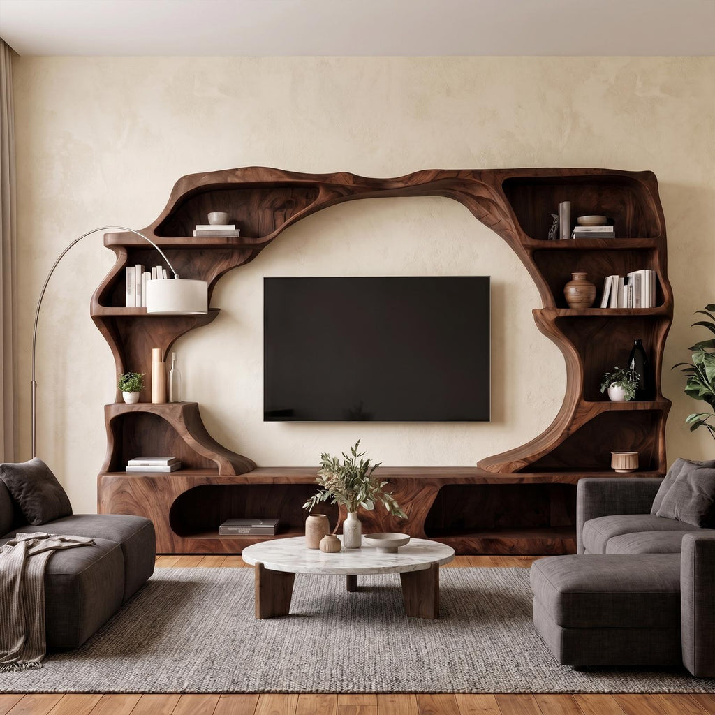Nature-Inspired Wooden Entertainment Center, Handcrafted Living Room TV Console with Organic Display Shelves, Model