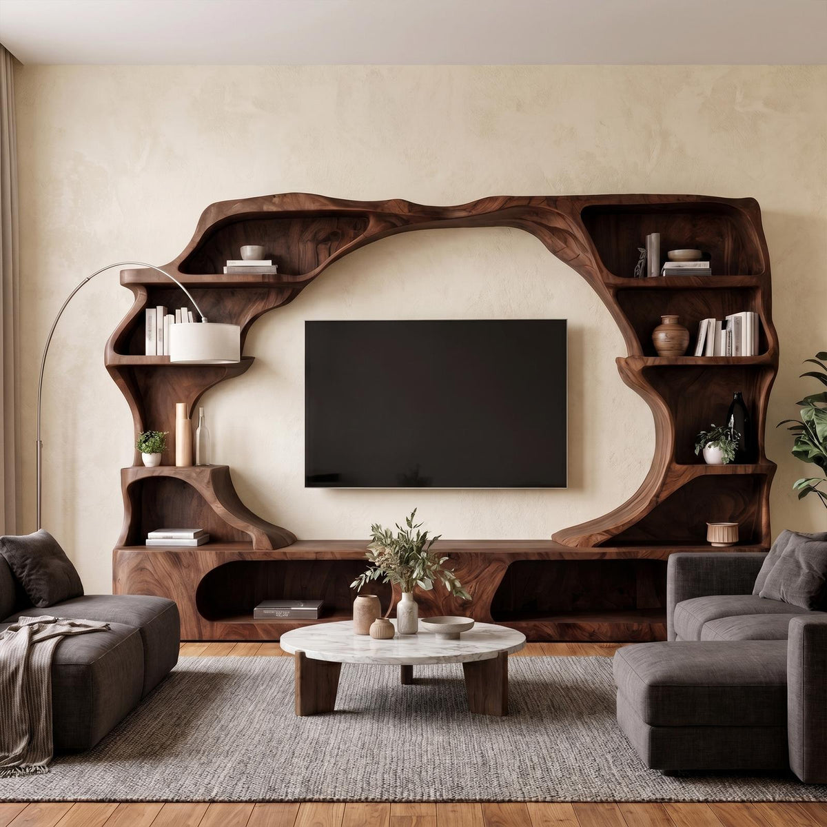 Nature-Inspired Wooden Entertainment Center, Handcrafted Living Room TV Console with Organic Display Shelves, Model