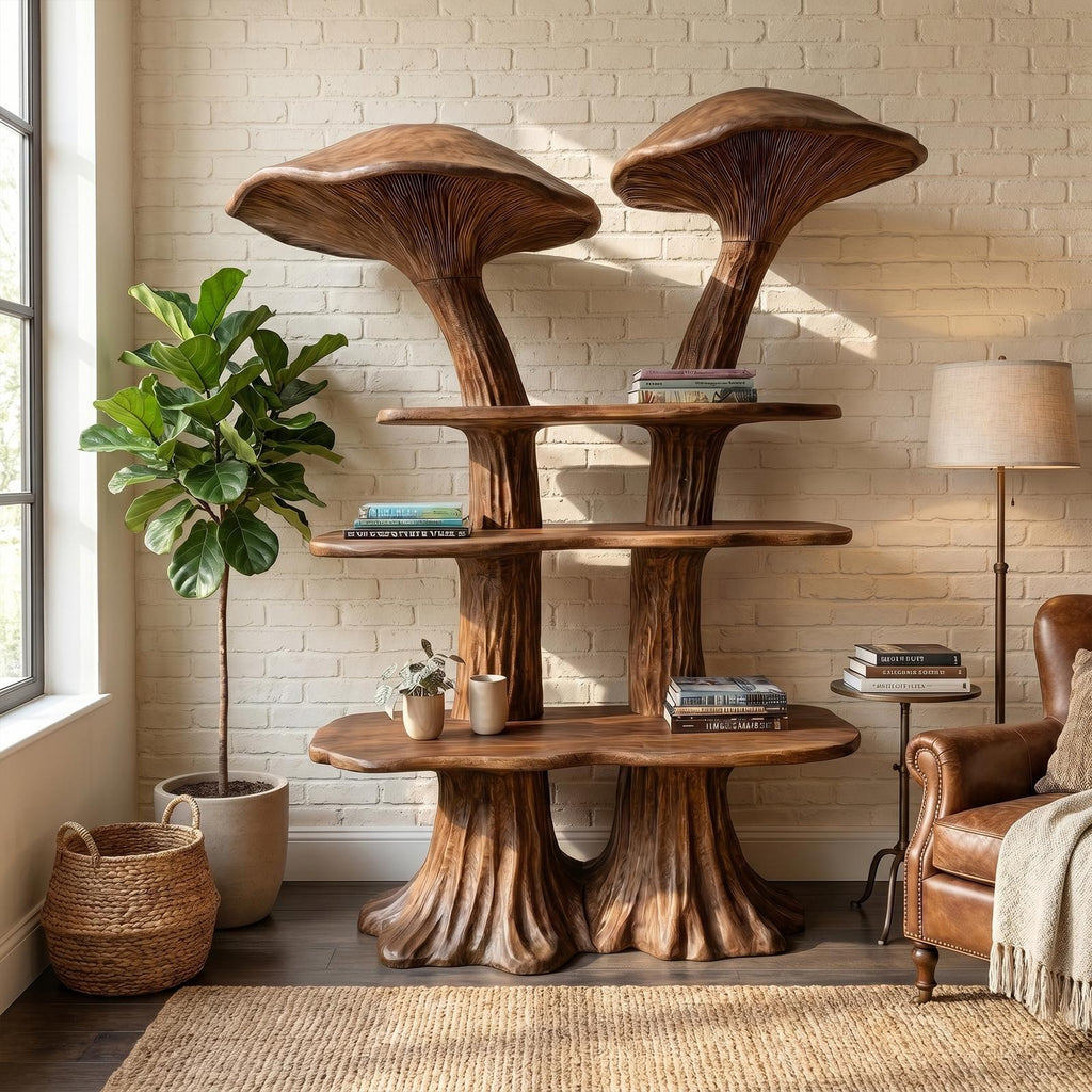 Rustic Mushroom Bookshelf with Handcrafted Solid Wood Shelving, Whimsical Bookcase Organizer for Living Room